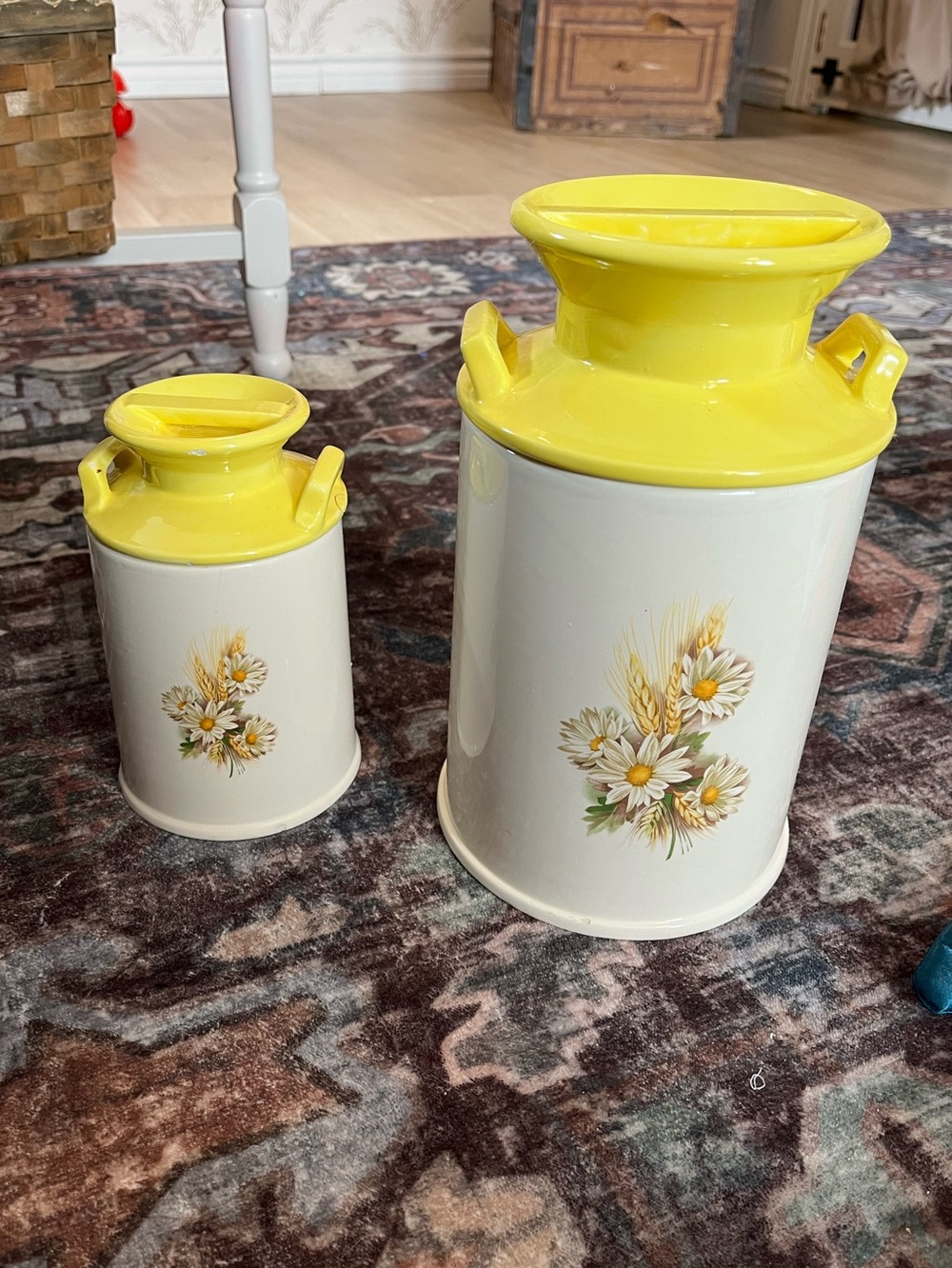 Set of Two Vintage Yellow & White Ceramic Daisy Canisters Cottagecore Kitchen
